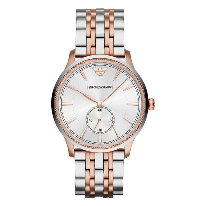 Emporio Armani AR1839 men's watch with silver dial and two-tone steel rose gold strap