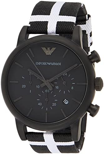 Emporio Armani Luigi AR1860 three-quarter view showing chronograph pushers and black/white striped strap