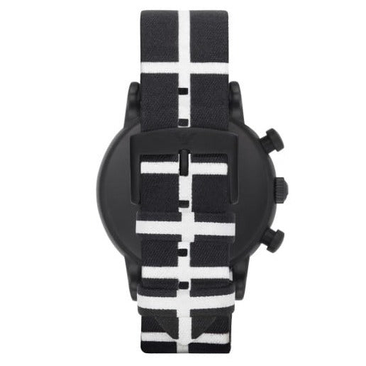 Emporio Armani Luigi AR1860 chronograph watch worn on wrist with black/white striped canvas strap