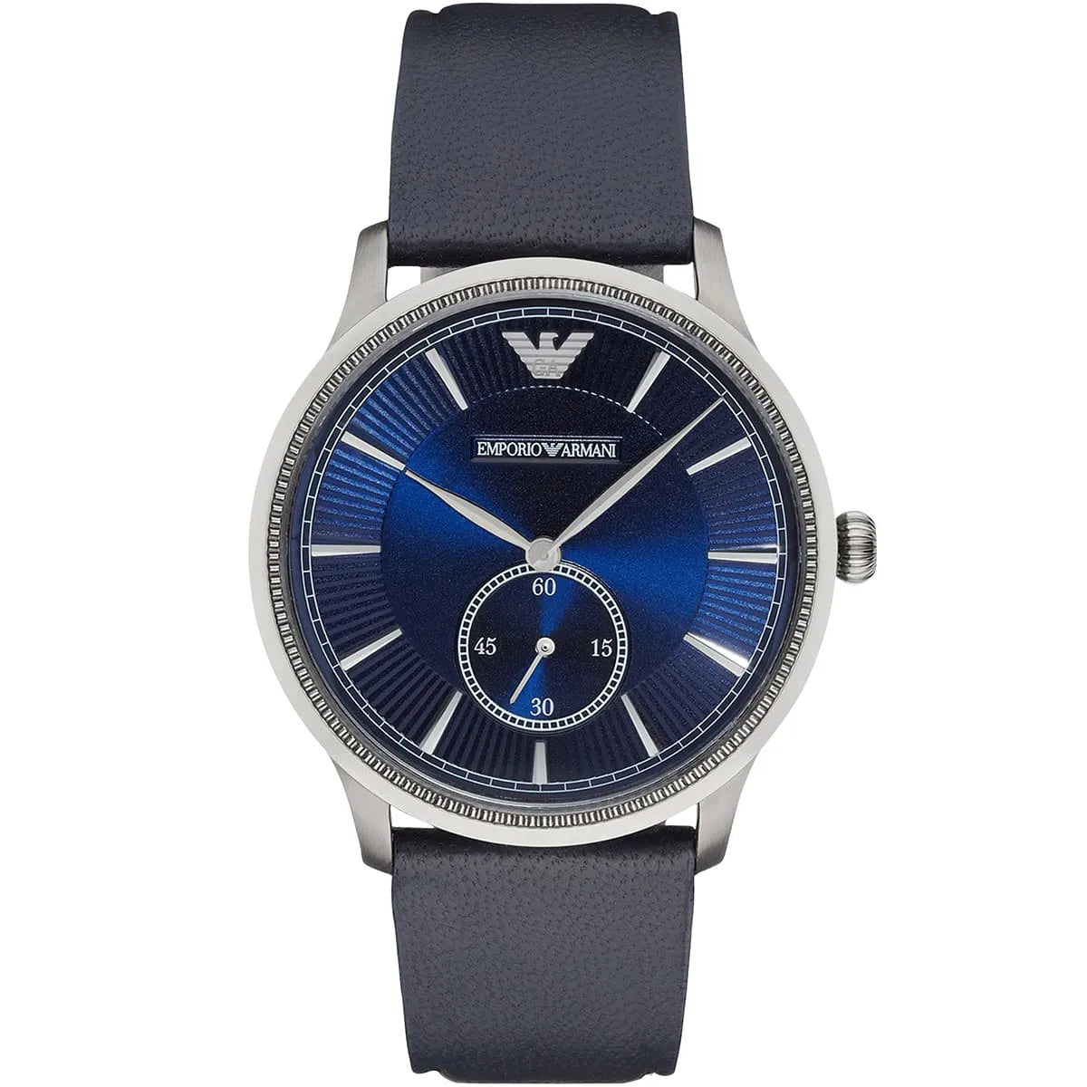 Emporio Armani AR1888 watch with blue sunburst dial and grey leather strap
