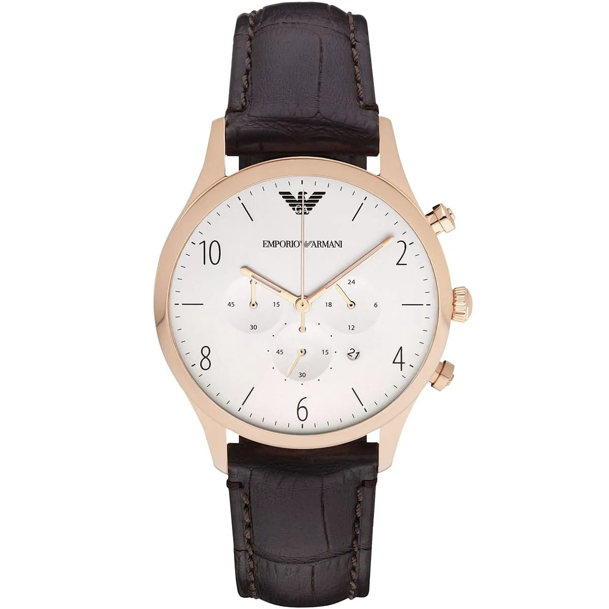 Emporio Armani Beta AR1916 chronograph watch with white dial and dark brown leather strap