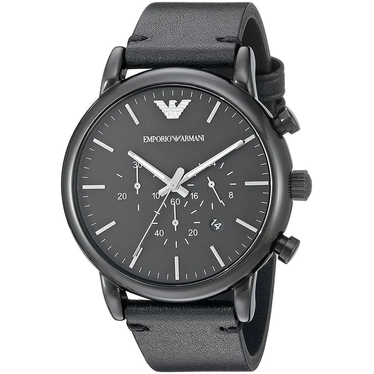 Emporio Armani AR1918 chronograph watch displayed at angle with black dial and leather strap