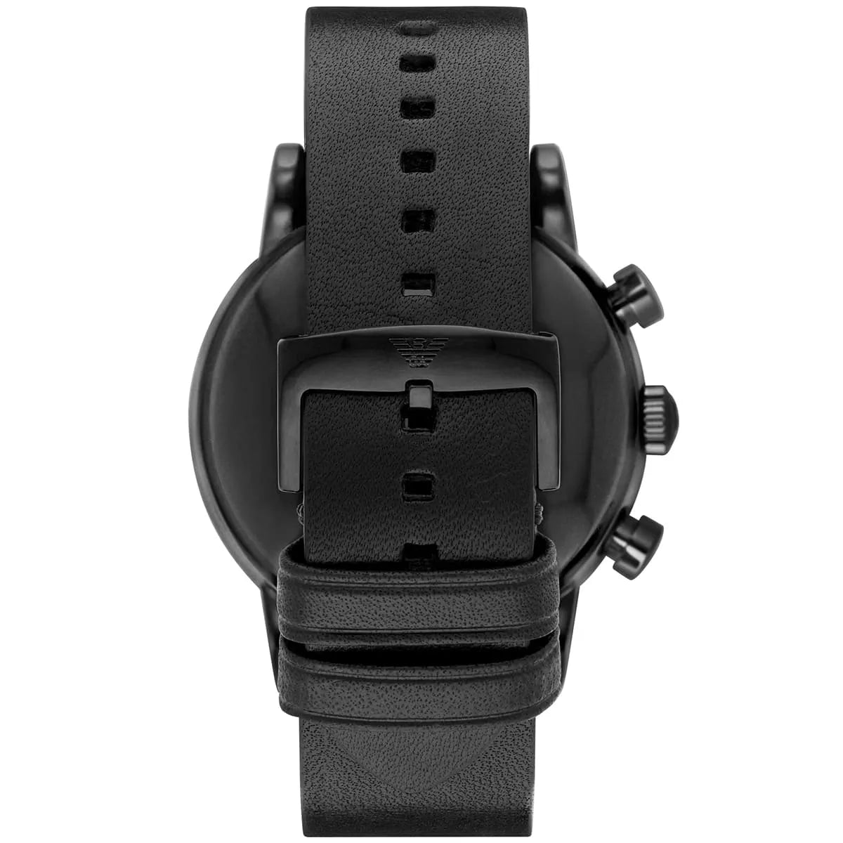Emporio Armani AR1918 case back showing leather strap with deployment buckle