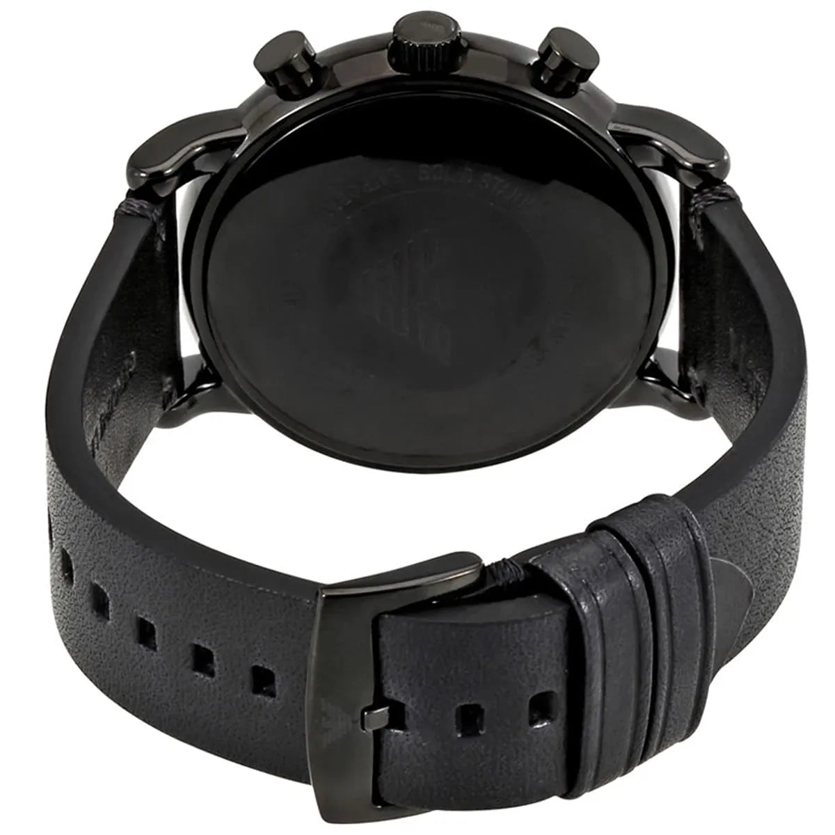 Emporio Armani AR1918 case back showing logo and crown with chronograph pushers