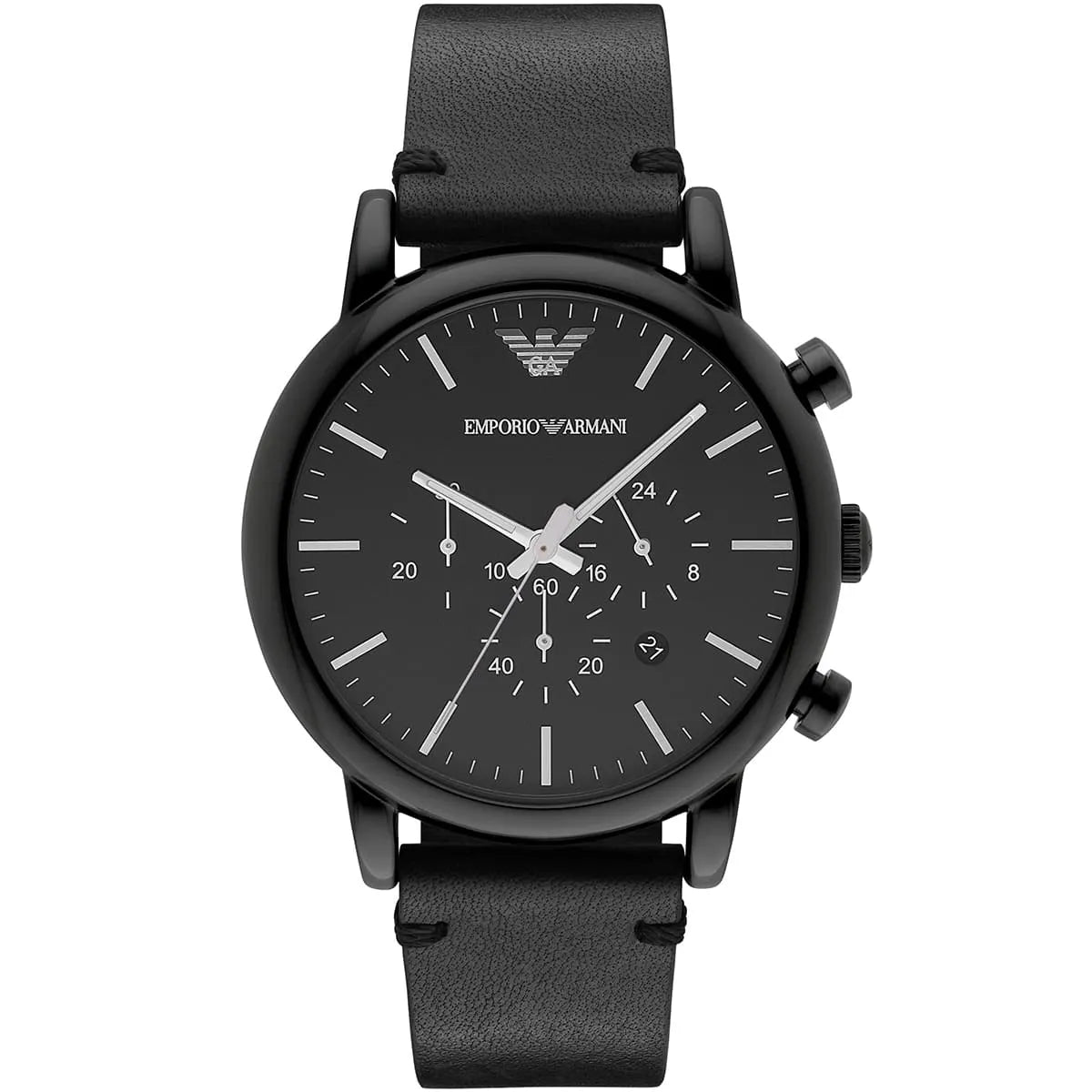 Emporio Armani AR1918 black dial chronograph watch with black leather strap, front view