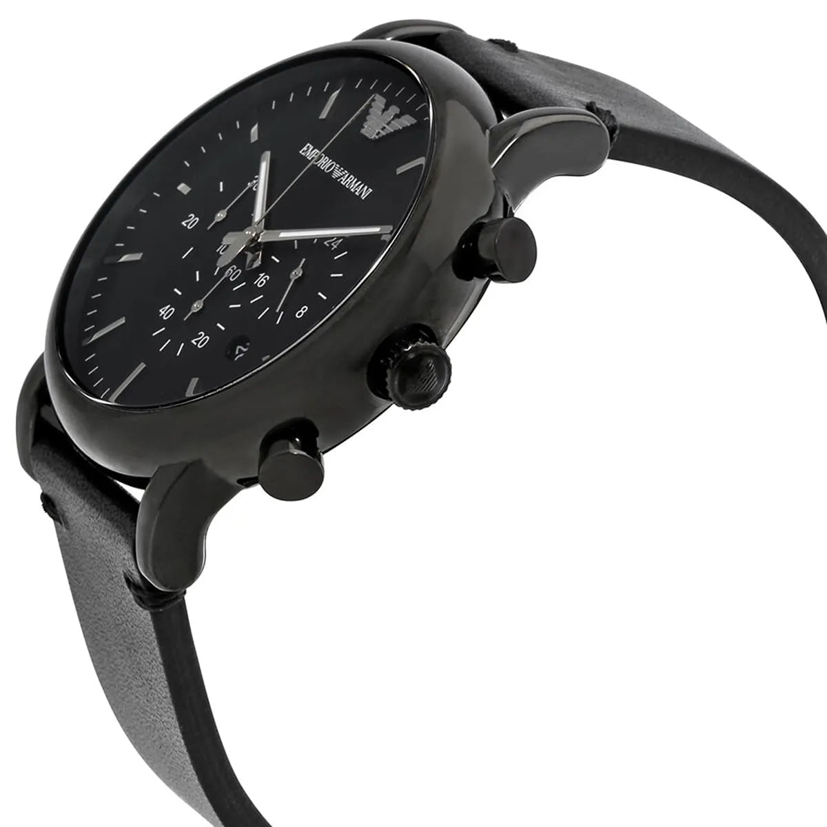 Emporio Armani AR1918 side profile showing black chronograph case and leather strap