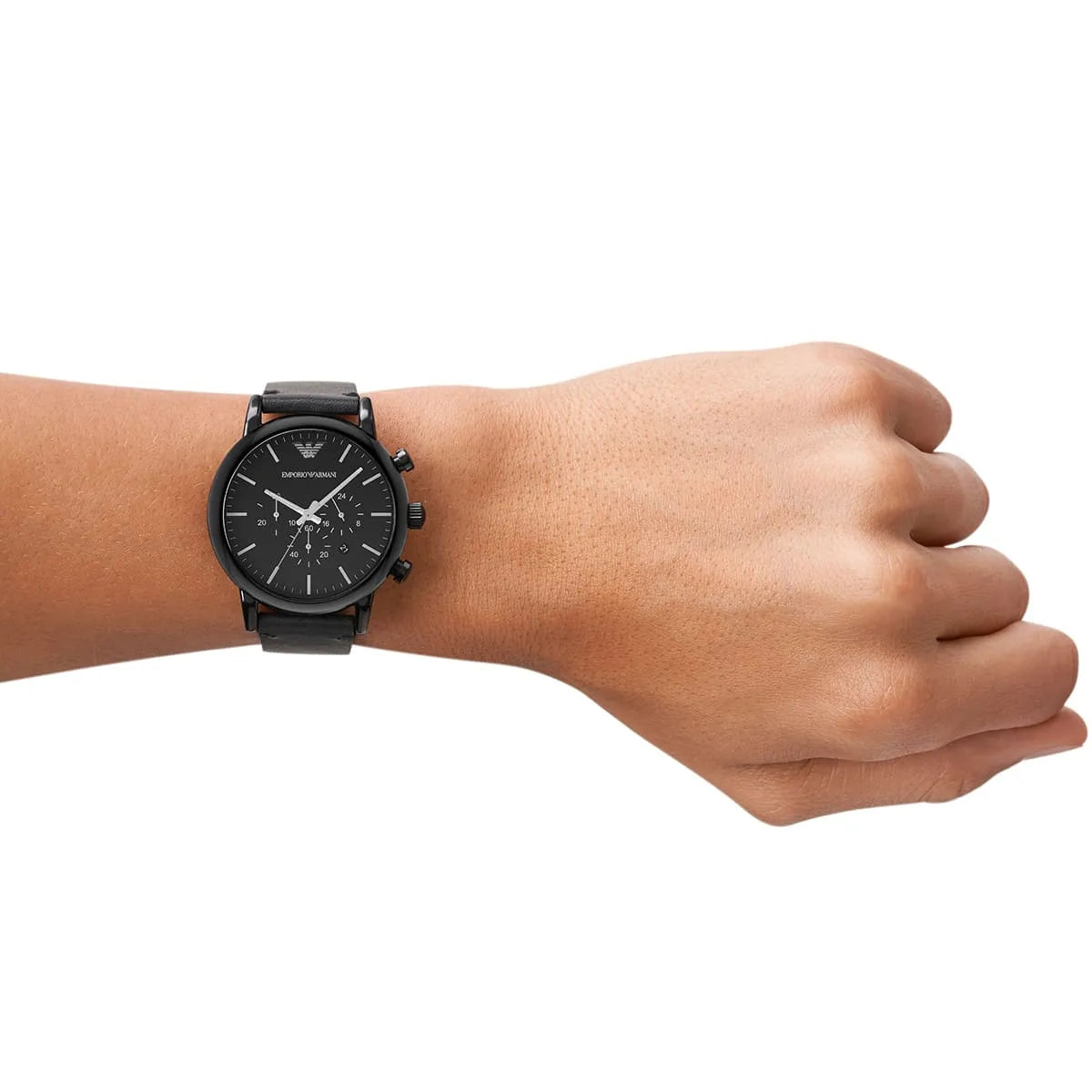 Emporio Armani AR1918 chronograph watch worn on wrist with black dial and leather strap