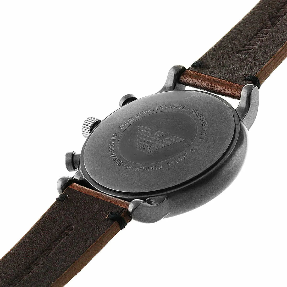 Caseback detail of Emporio Armani AR1919 with engraved eagle logo