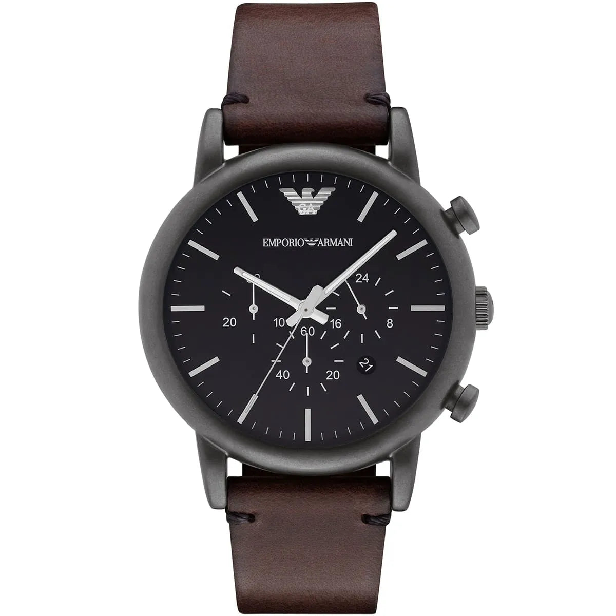 Emporio Armani AR1919 men's chronograph watch with black dial and brown leather strap