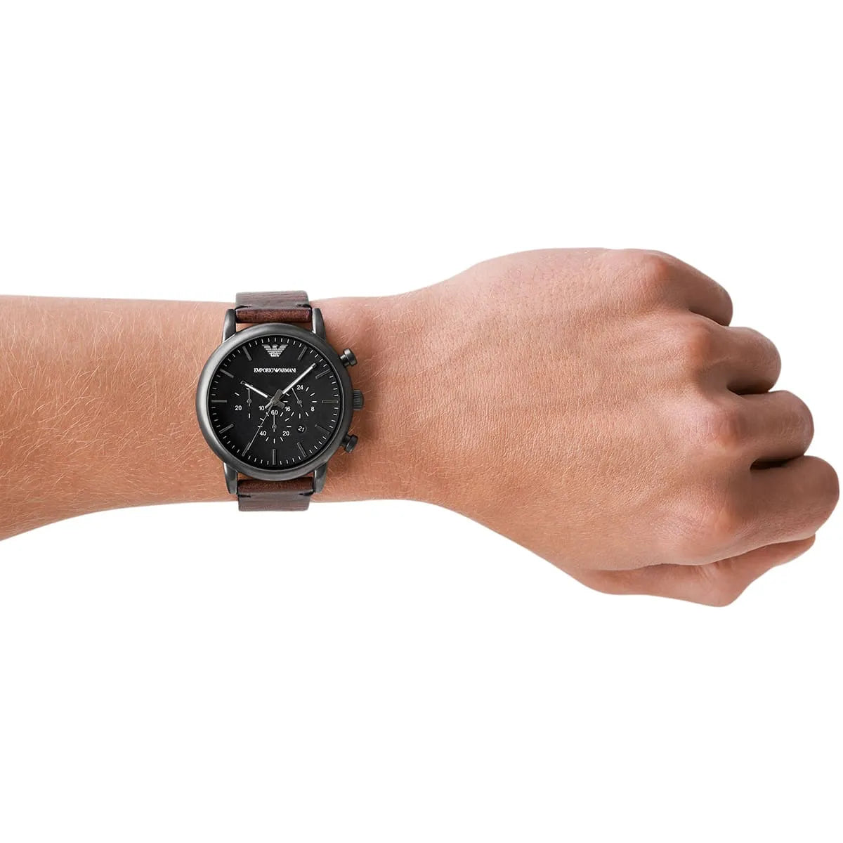 Emporio Armani AR1919 chronograph watch worn on wrist with brown leather strap