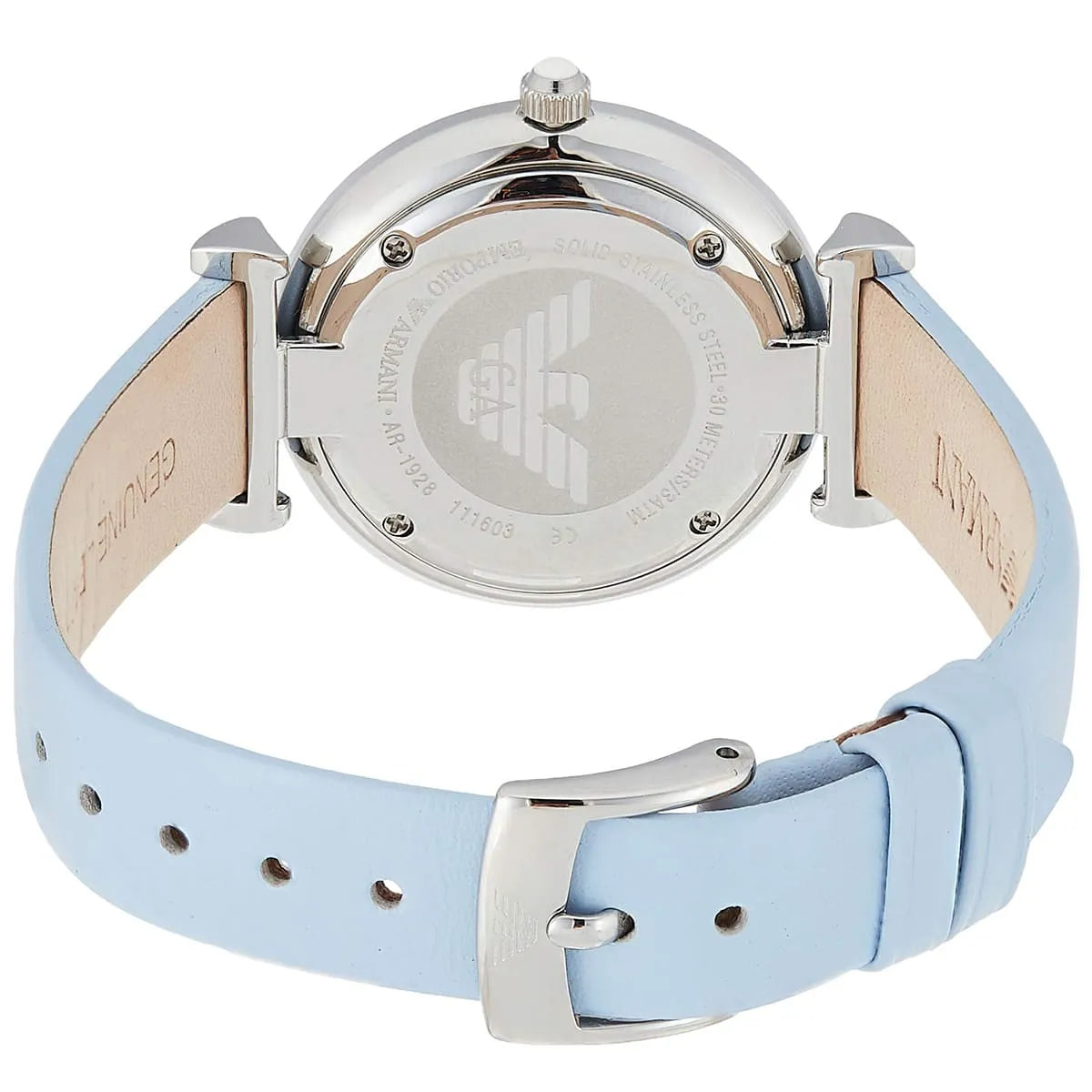 Emporio Armani Gianni T-Bar watch caseback and blue leather strap with adjustment holes