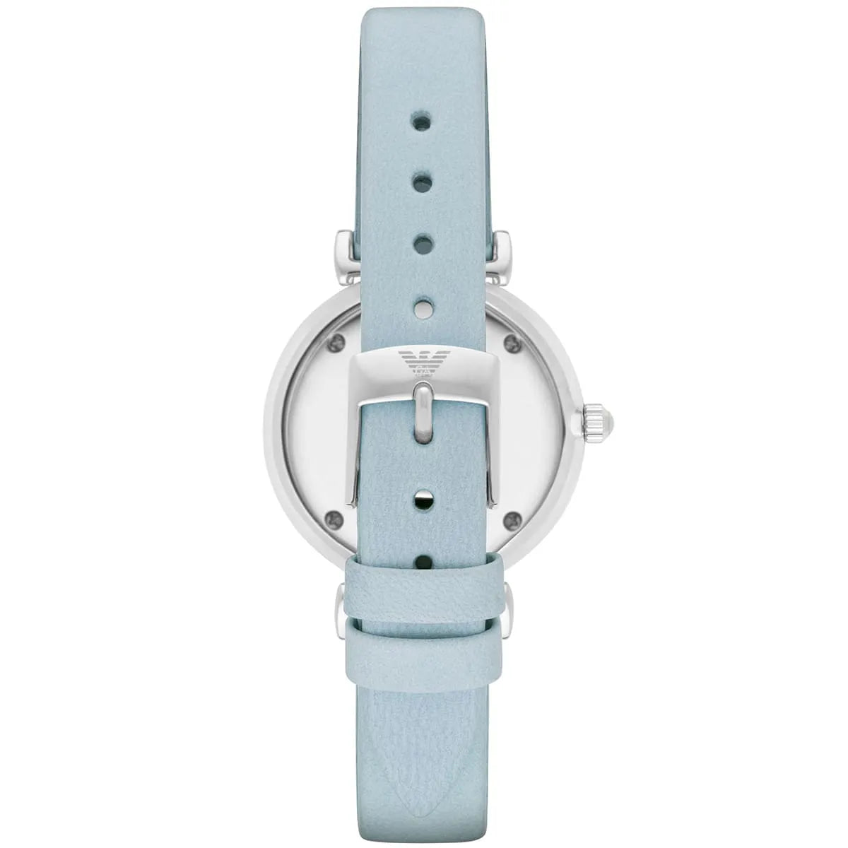 Caseback view of Emporio Armani Gianni T-Bar watch showing blue leather strap with buckle