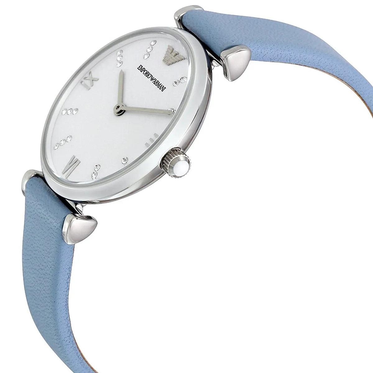 Emporio Armani Gianni T-Bar watch on wrist with blue leather strap