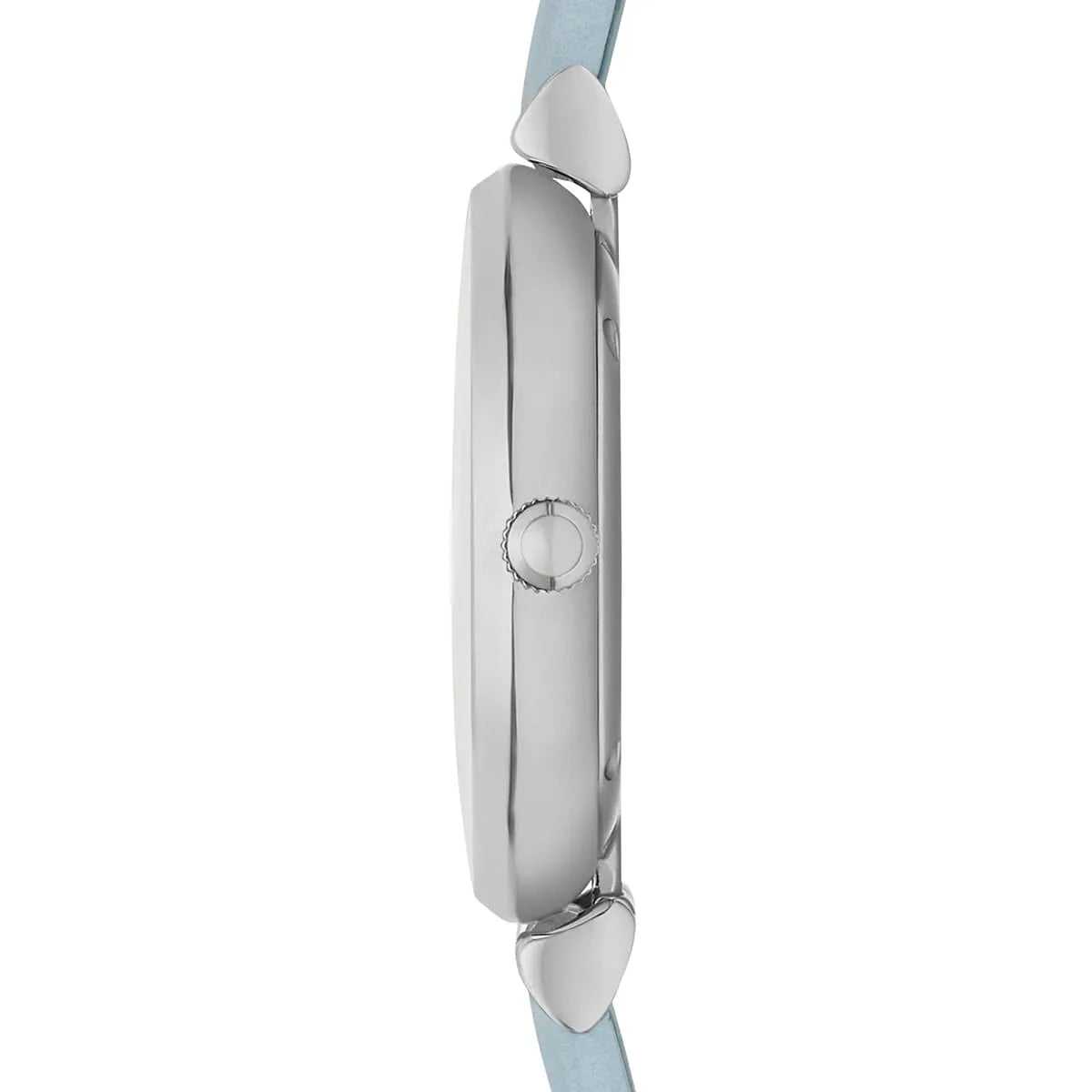 Side profile of Emporio Armani Gianni T-Bar watch showing thin case and blue leather strap
