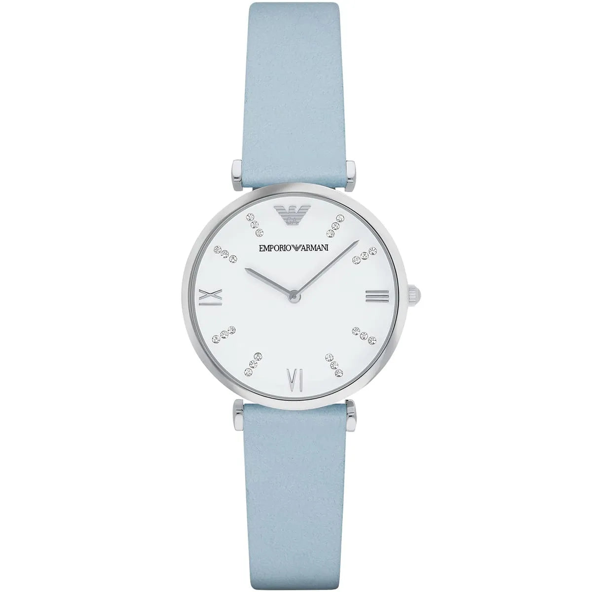 Emporio Armani Gianni T-Bar women's watch with white dial and light blue leather strap
