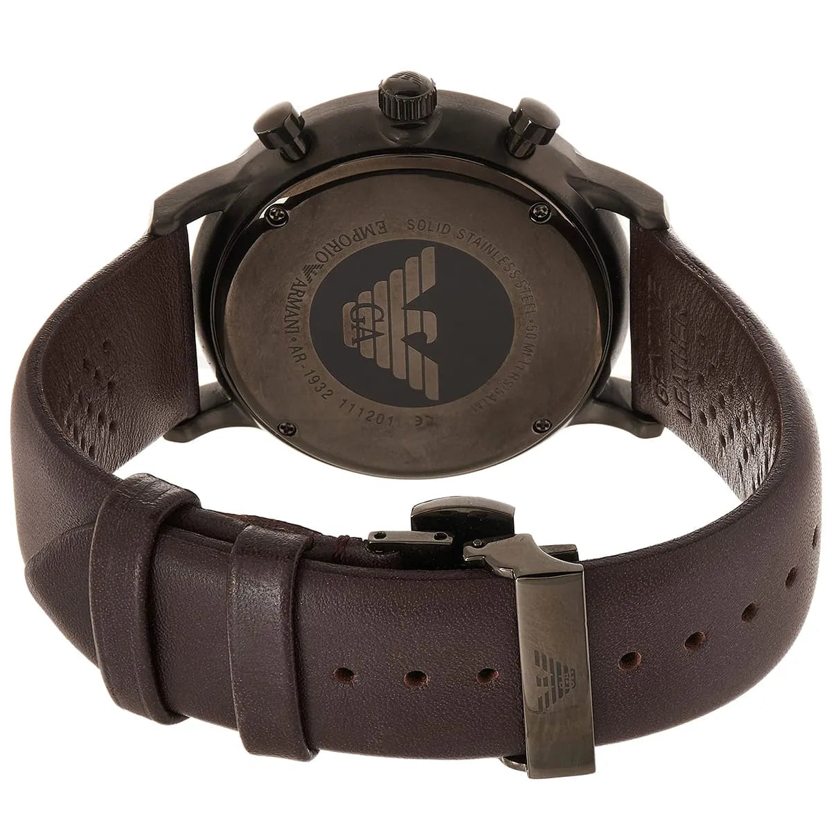 AR1932 caseback showing Emporio Armani eagle logo and watch specifications