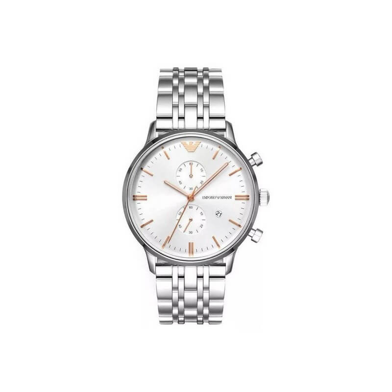Emporio Armani AR1933 watch at angle showing silver case, white dial with rose gold accents, and steel band