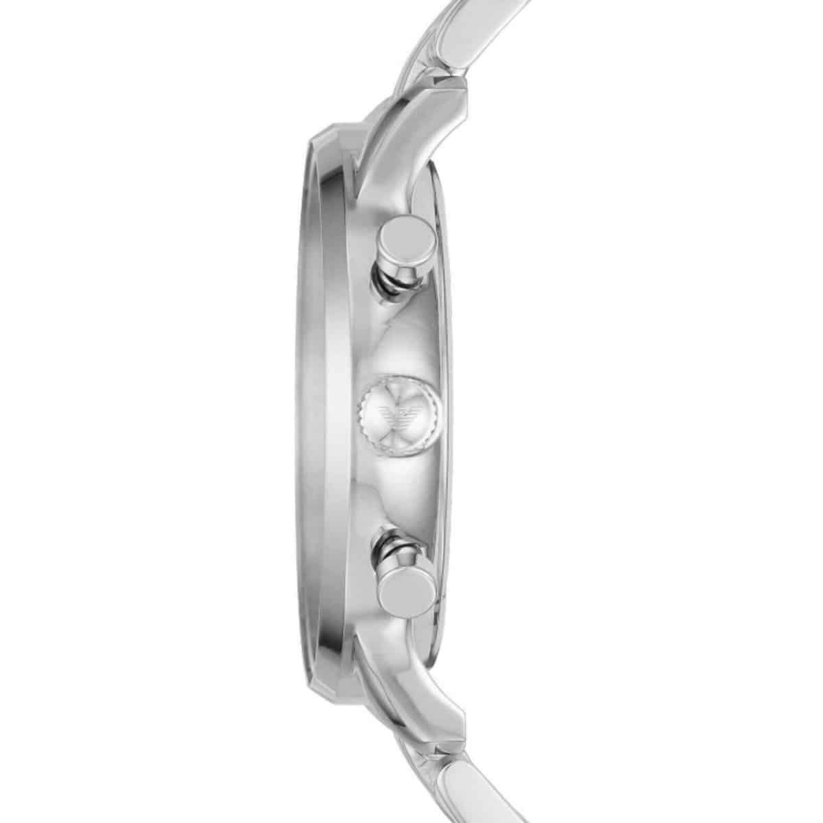Side view of Emporio Armani AR1933 watch showing silver case profile with chronograph pushers