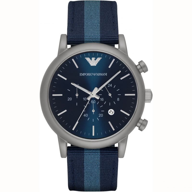 Emporio Armani Luigi AR1949 navy blue chronograph dial with silver case and striped textile strap