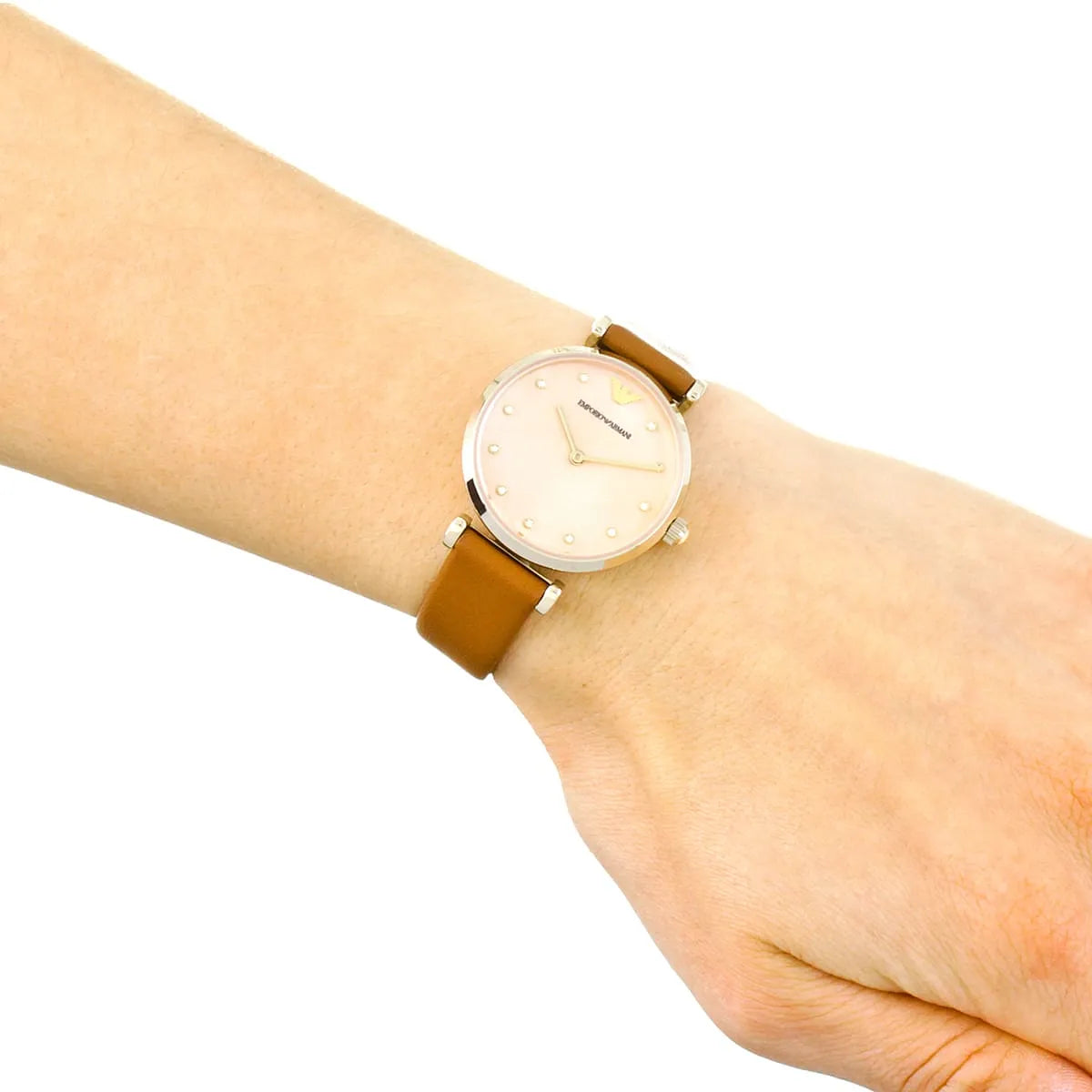Emporio Armani Gianni T Bar watch worn on wrist with brown leather strap