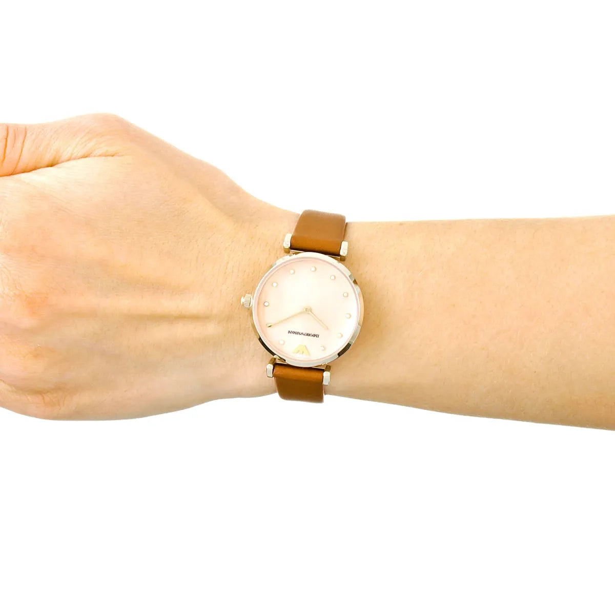 Emporio Armani Gianni T Bar watch on wrist showing fit with brown leather strap