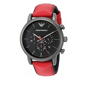 Emporio Armani Luigi chronograph watch three-quarter angle view with red leather strap