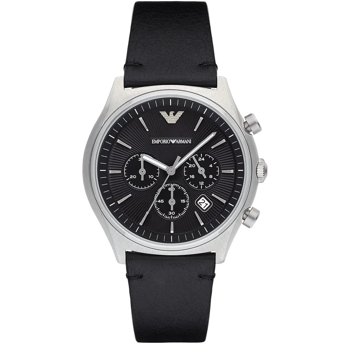 Emporio Armani AR1975 chronograph watch with black dial and black leather strap