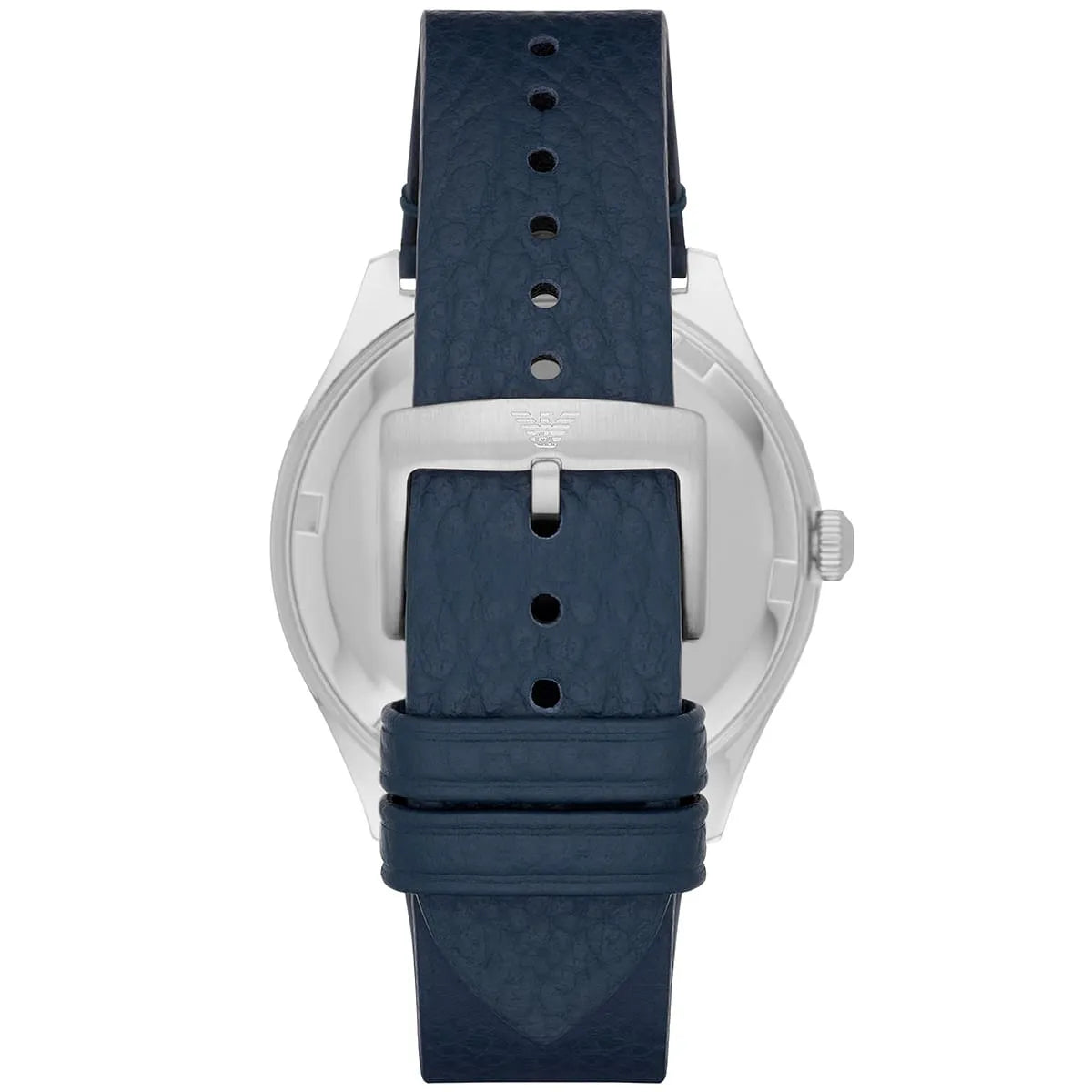 Caseback view of Emporio Armani Gianni T-Bar watch with navy leather strap