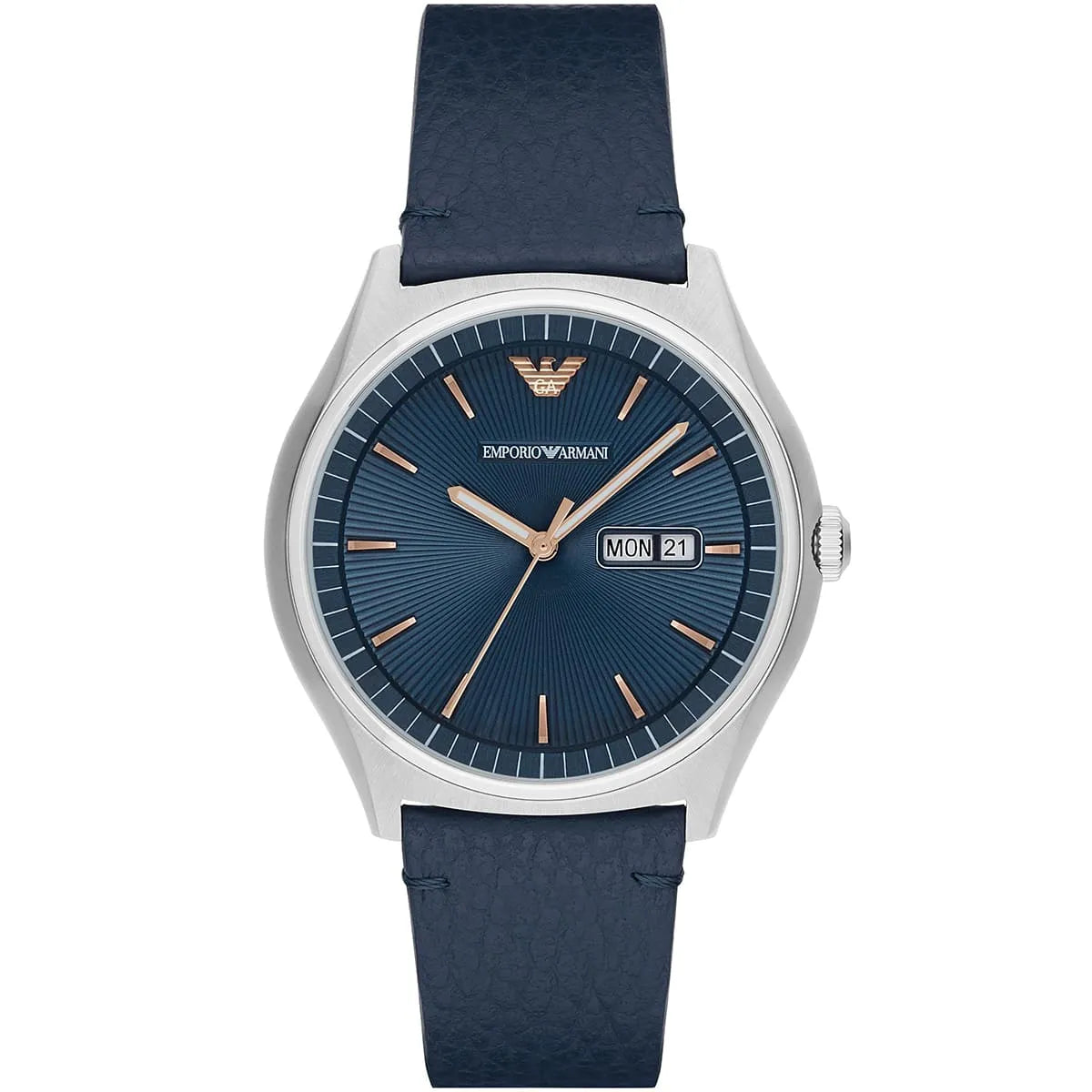 Emporio Armani Gianni T-Bar watch with blue dial, silver case, and navy leather strap