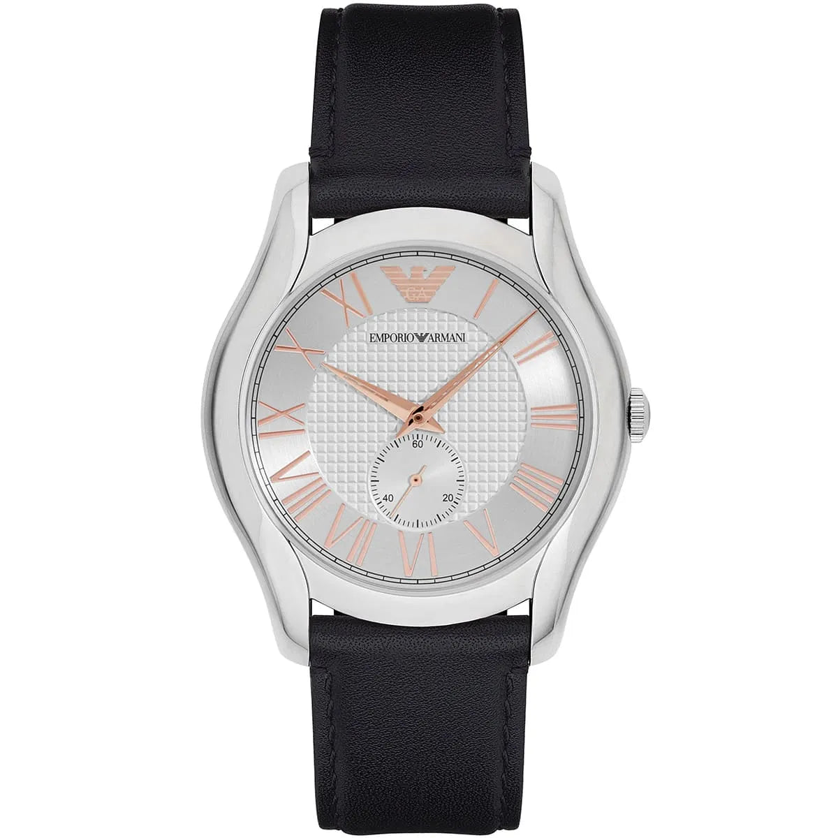 Emporio Armani AR1984 men's watch with silver dial, rose Roman numerals, and black leather strap