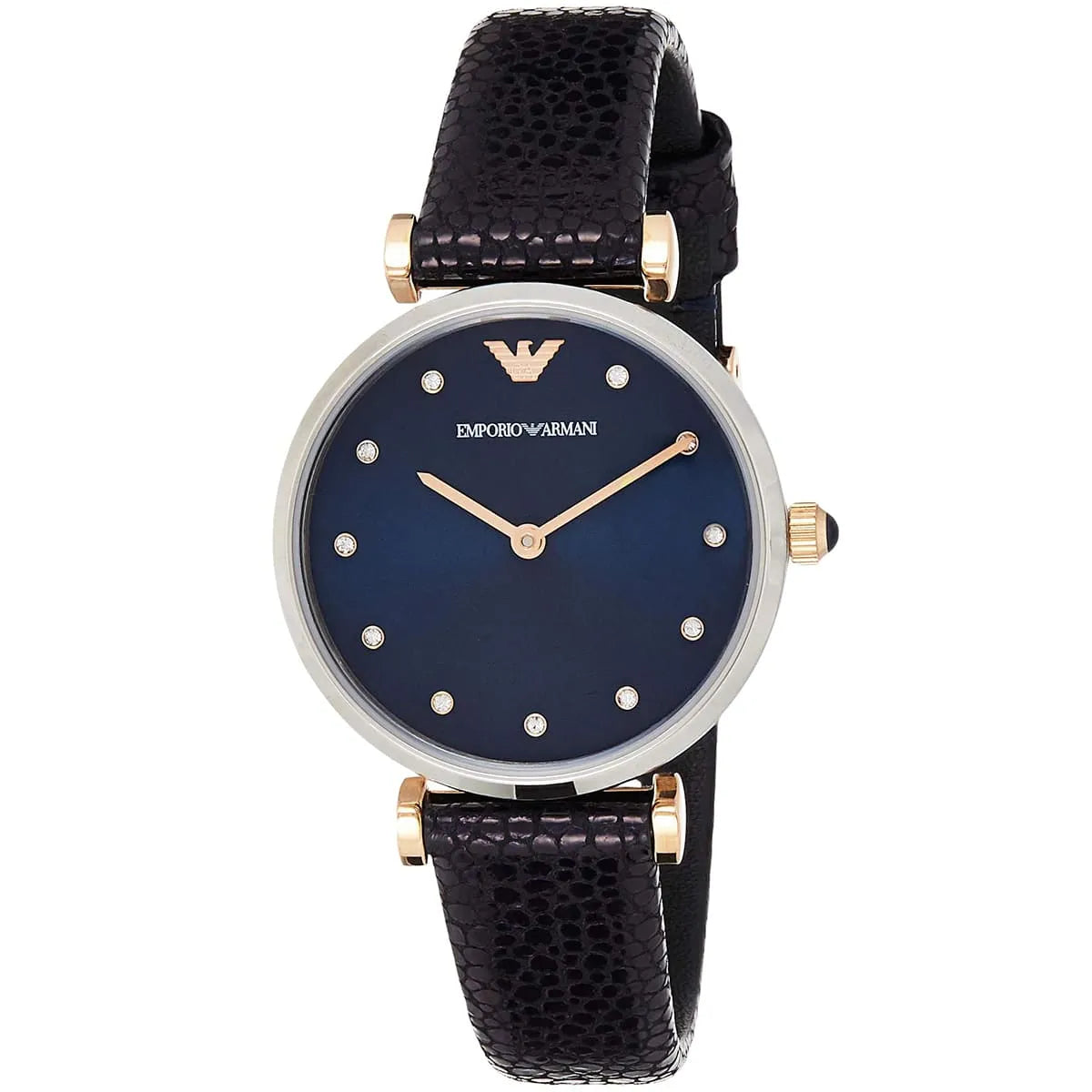 Emporio Armani AR1989 watch angled view showing silver case, blue dial, and dark textured leather strap
