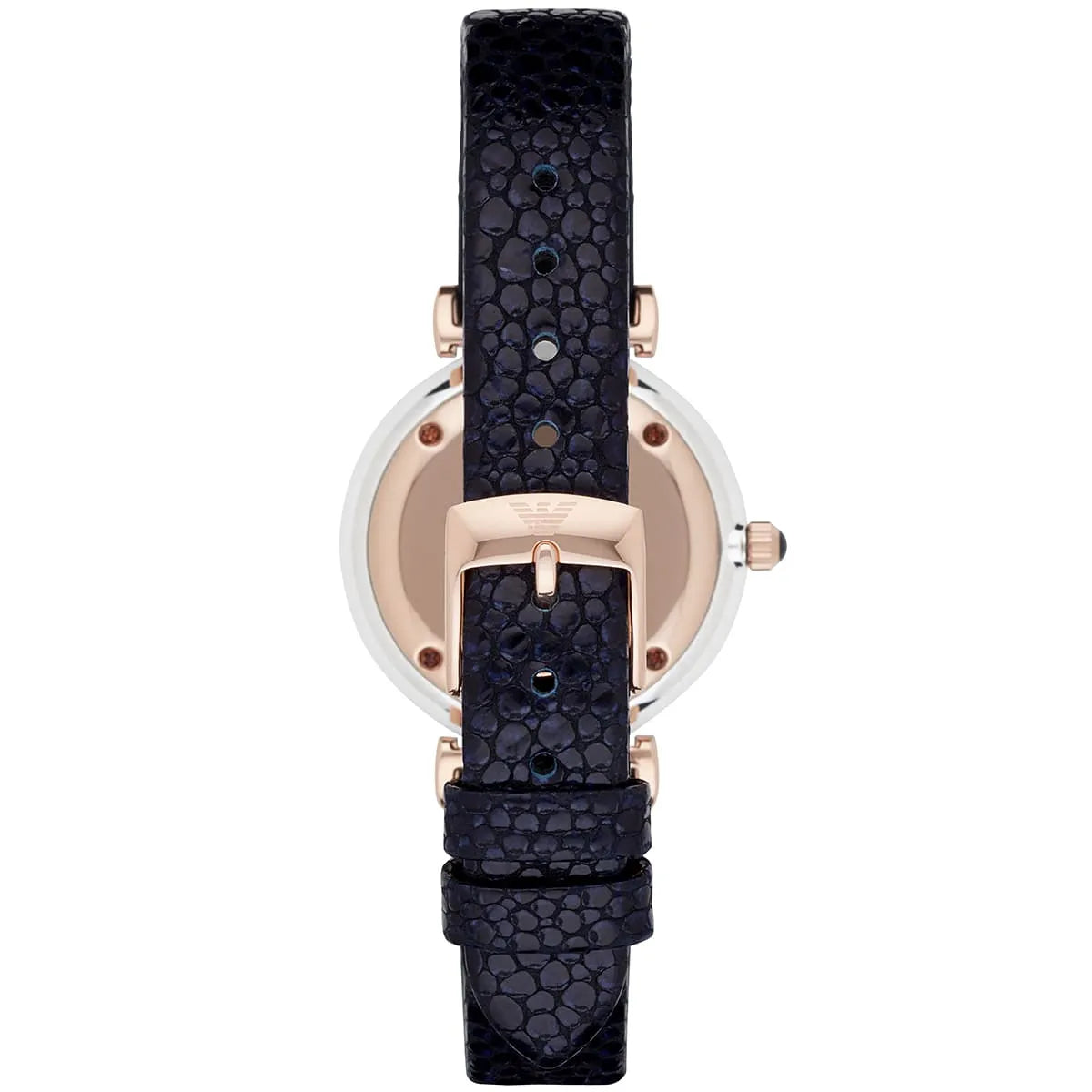 Caseback view of AR1989 Emporio Armani women's watch showing rose gold case and engraved eagle logo