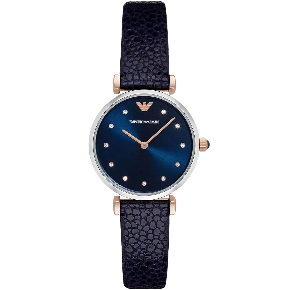 AR1989 Emporio Armani women's watch featuring dark blue dial with hour markers and rose gold hands