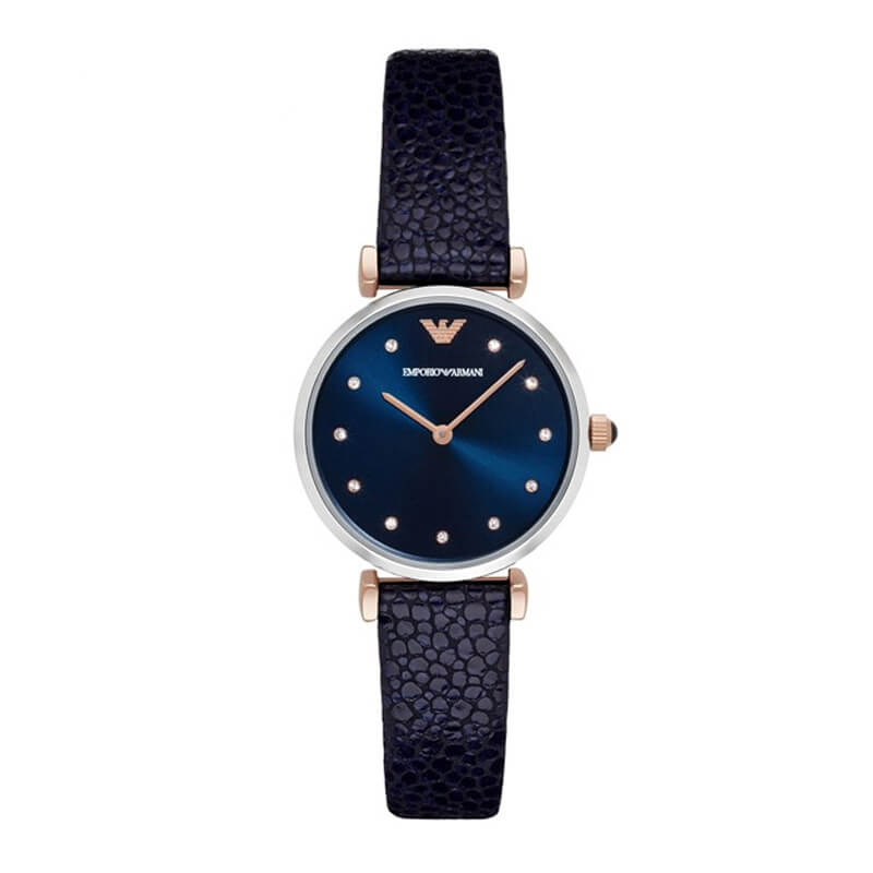 Emporio Armani AR1989 women's watch with dark blue dial, silver case, rose gold accents, and dark leather strap