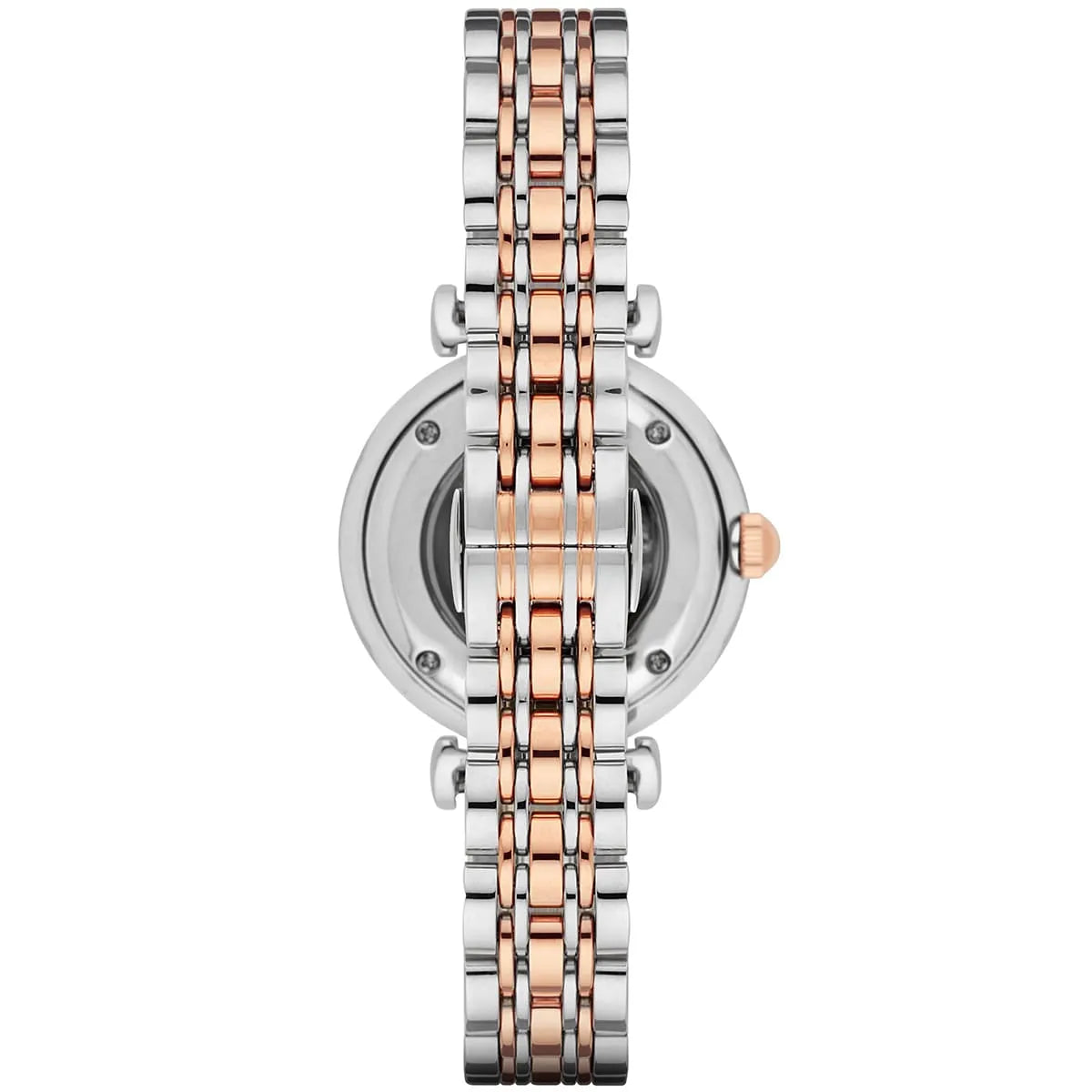 Emporio Armani AR1992 caseback displaying transparent crystal and visible automatic movement mechanism
