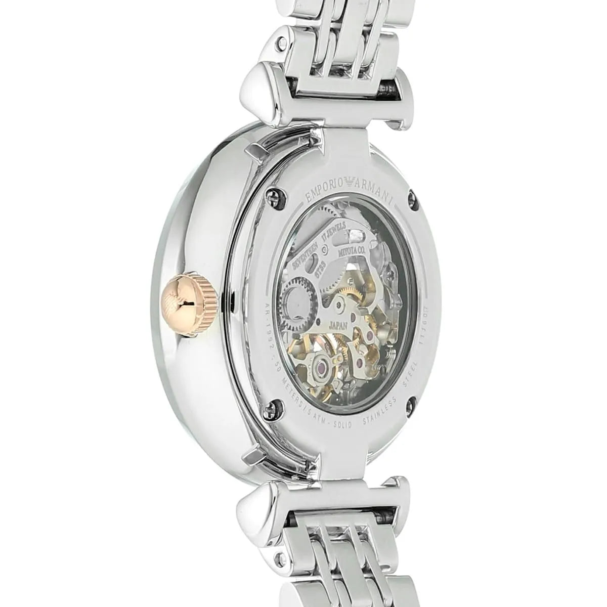 Side profile of Emporio Armani Gianni T-Bar watch showing case thickness and exposed movement through caseback