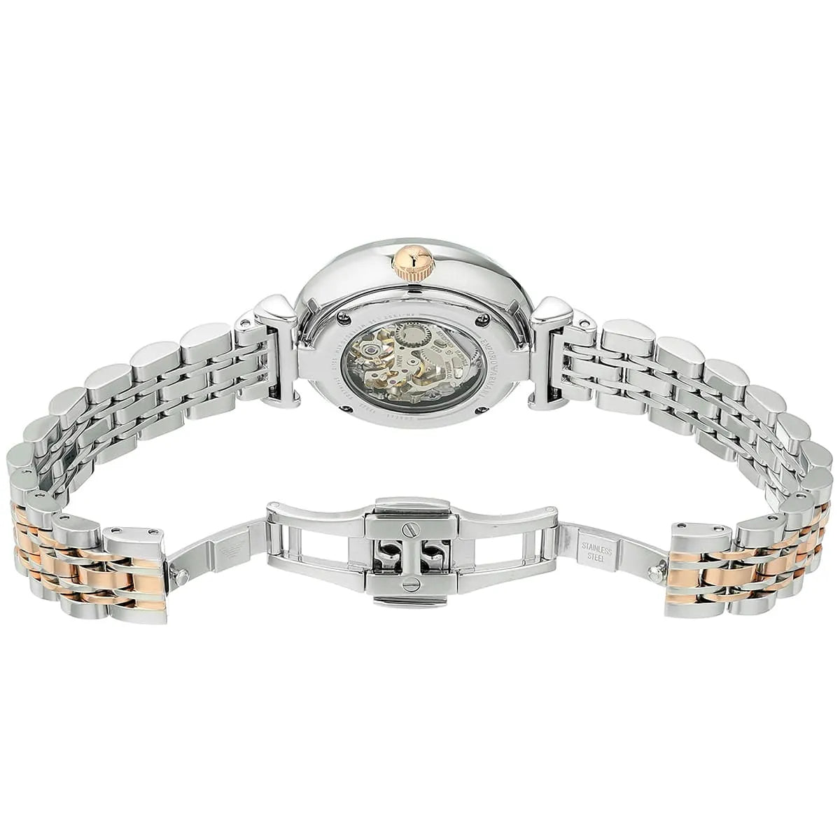 Emporio Armani Gianni T-Bar watch displayed with full strap extended showing two-tone silver and rose gold bracelet links