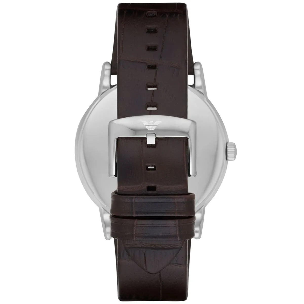 Emporio Armani Luigi watch caseback showing engraved EA logo and stainless steel case