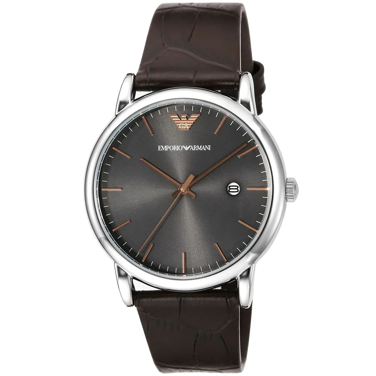 Emporio Armani Luigi watch showing black sunburst dial with rose gold indices and brown leather strap