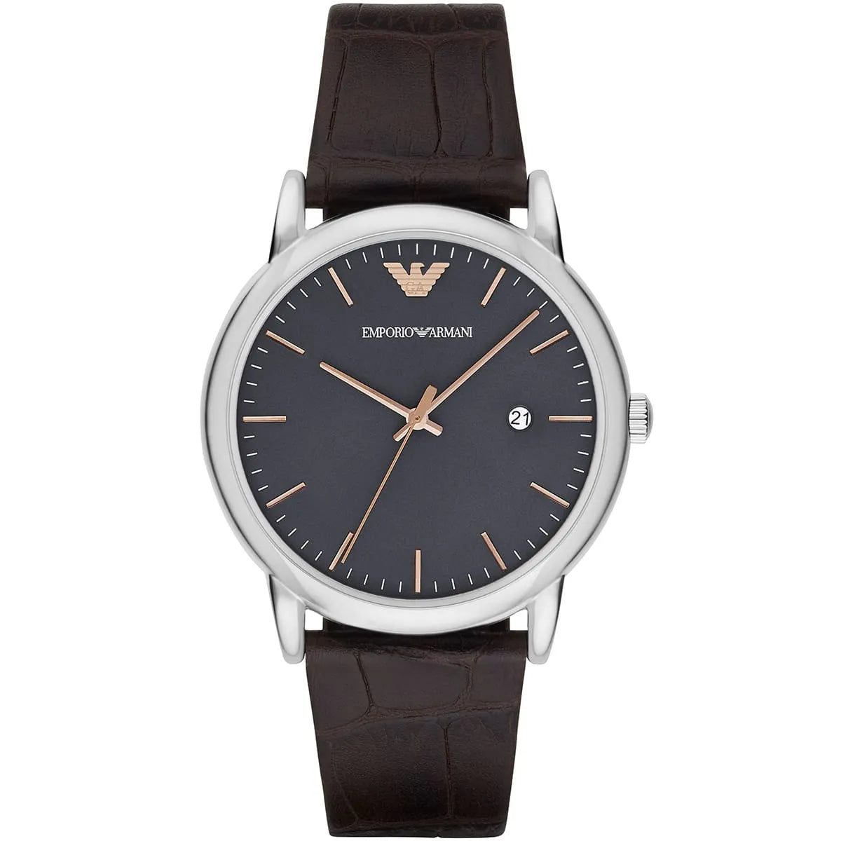 Emporio Armani Luigi 42mm mens watch with black dial and brown leather strap