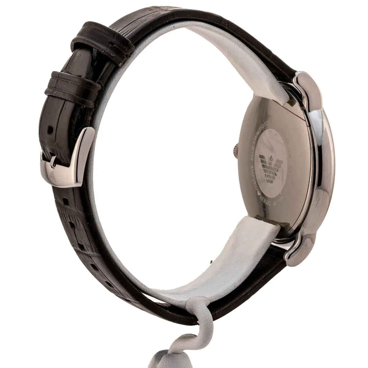 Emporio Armani Luigi watch on wrist showing black dial and stainless steel case