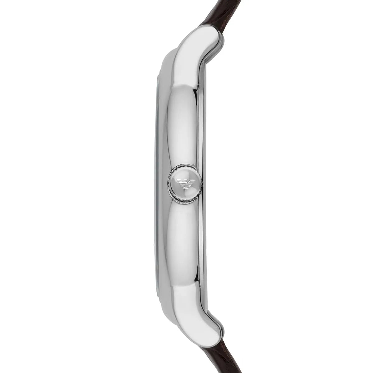 Emporio Armani Luigi watch side profile showing 42mm case and brown leather strap