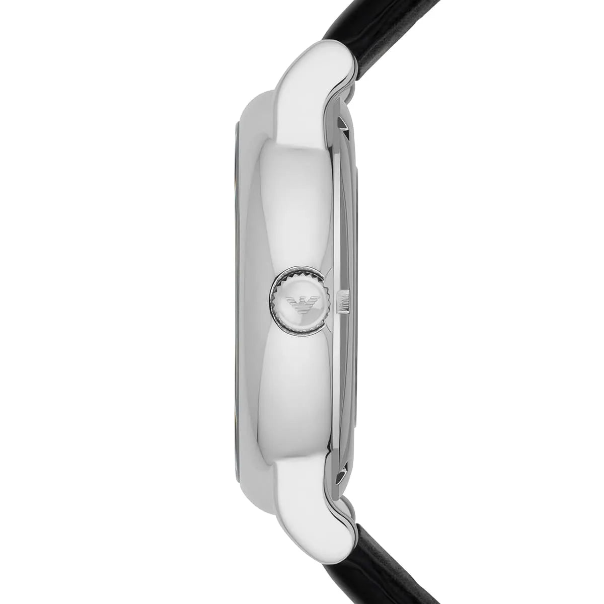 Emporio Armani Meccanico AR1997 side profile showing case thickness and black leather strap