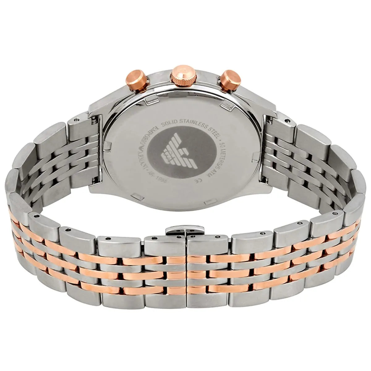 Emporio Armani Zeta watch back view showing caseback logo and two-tone strap