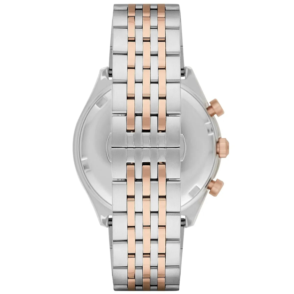 Emporio Armani Zeta watch caseback showing two-tone stainless steel strap