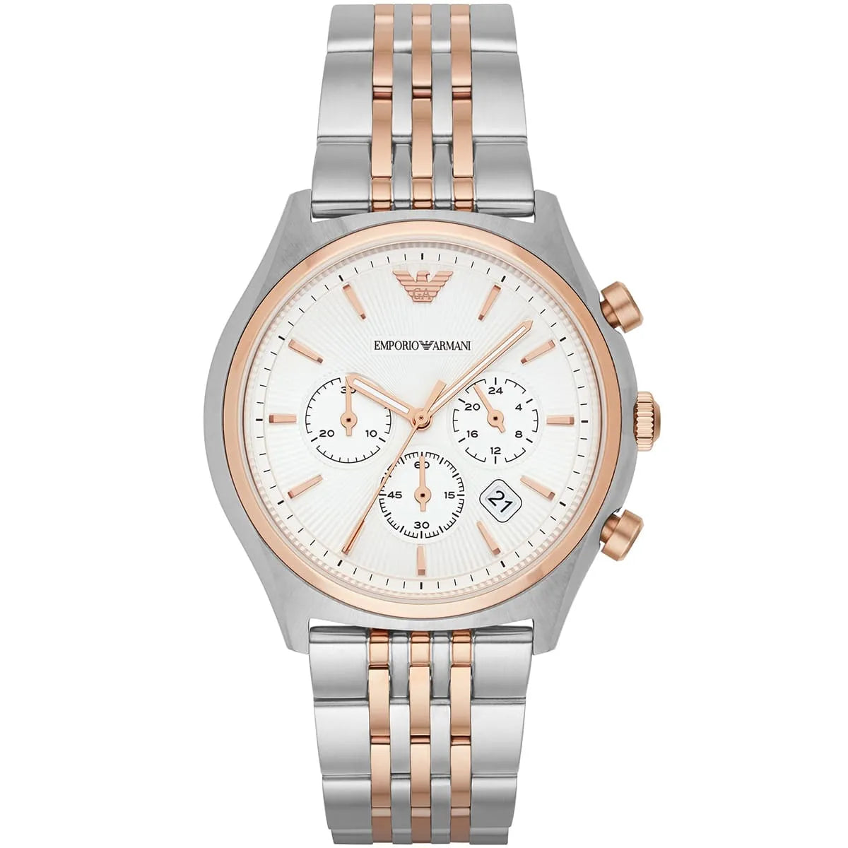 Emporio Armani Zeta men's chronograph with white dial and silver rose gold strap