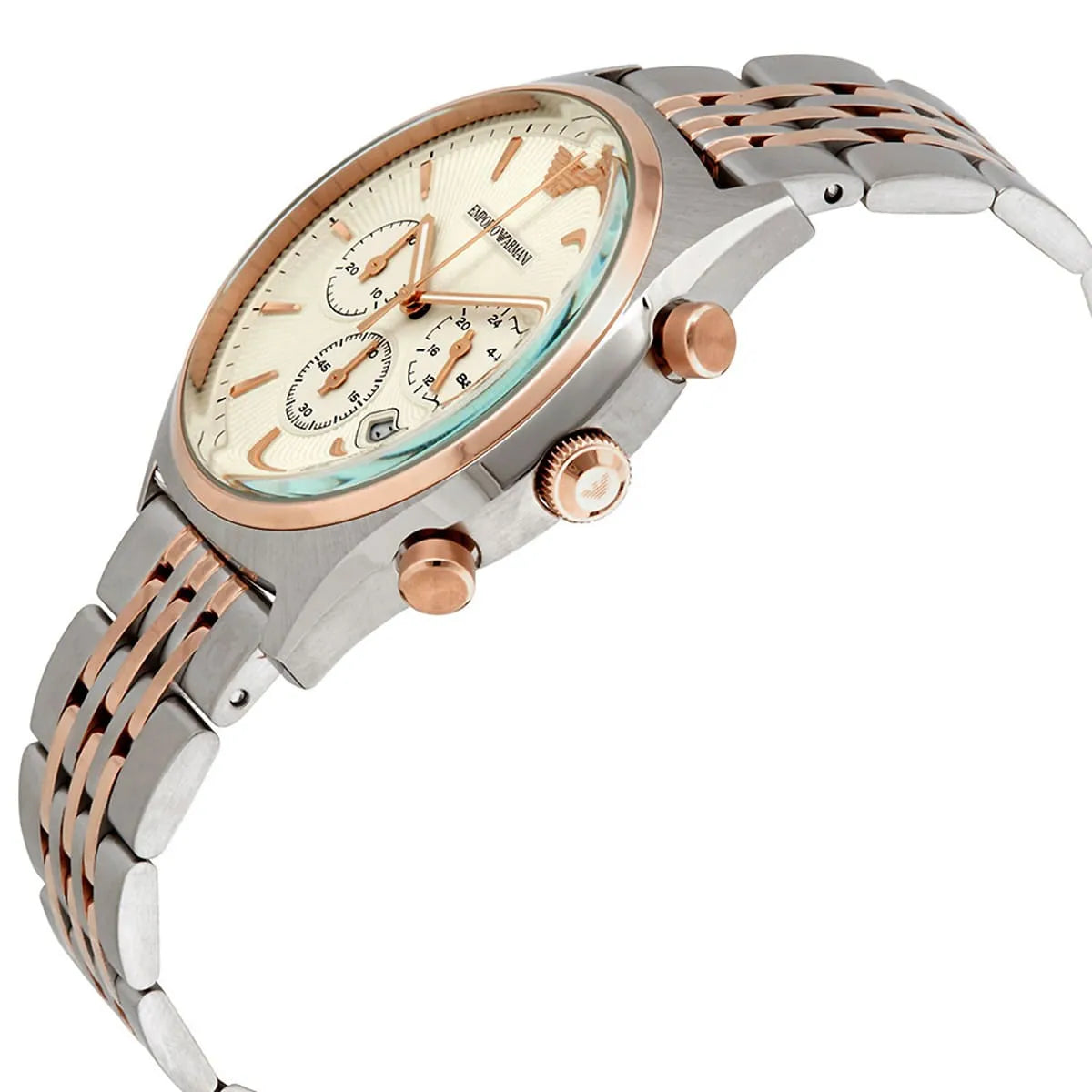Emporio Armani Zeta chronograph watch worn on wrist with white dial