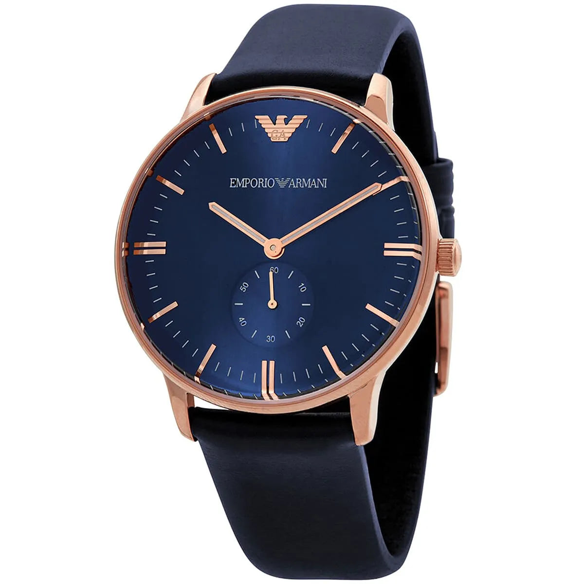Emporio Armani AR2071 three-quarter view showing blue dial and rose gold case with blue leather strap