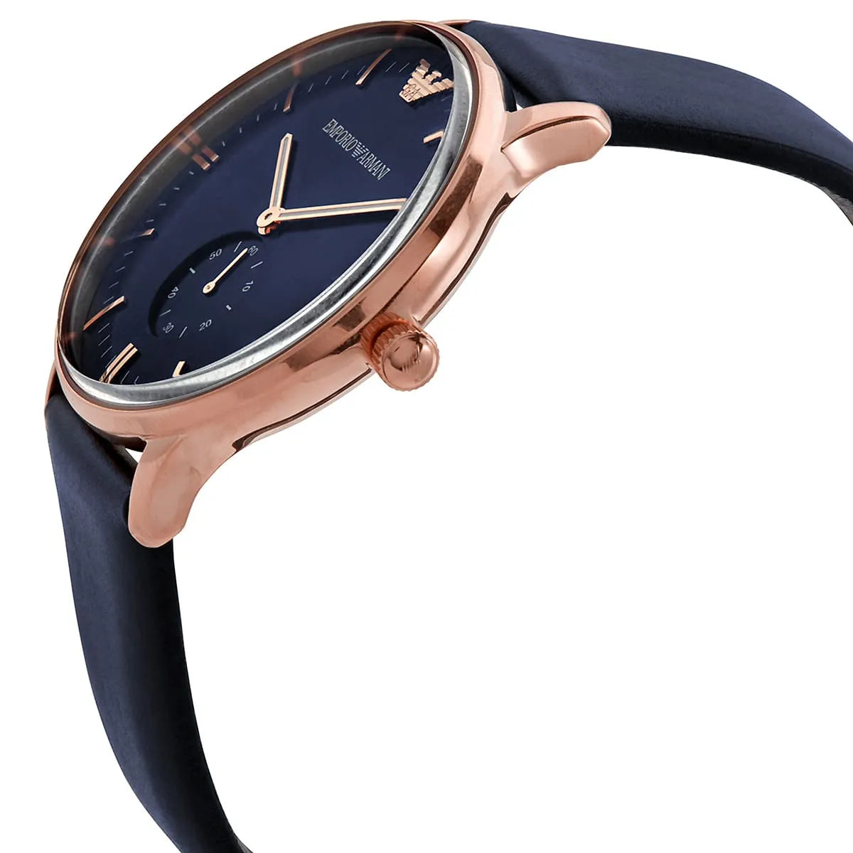 Emporio Armani AR2071 side profile view showing rose gold case and blue leather strap