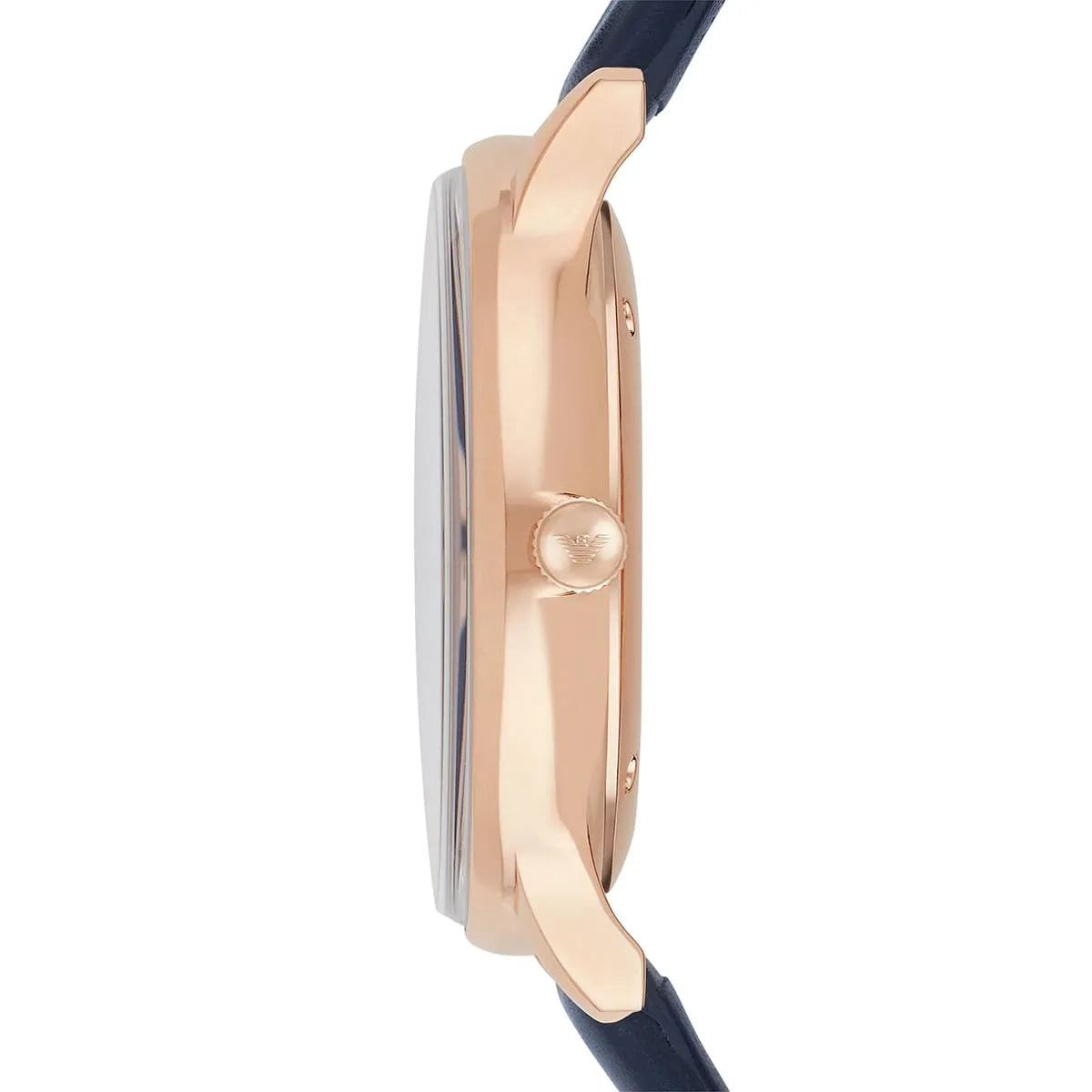 Emporio Armani AR2071 side view of rose gold case with blue leather strap and crown detail